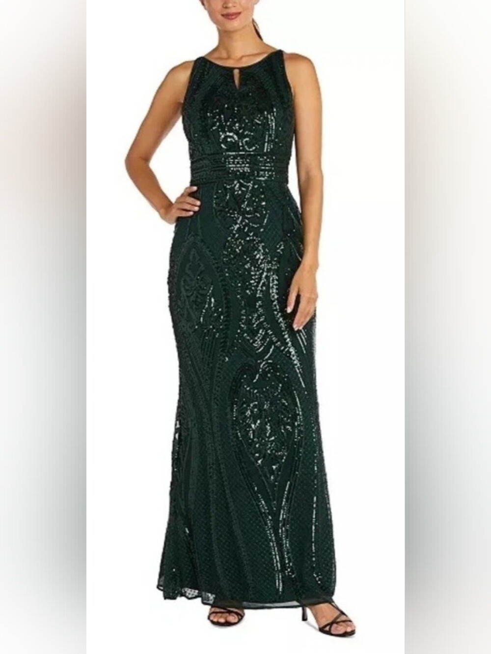 R&M Richards Dark Green Sequin Maxi Gown
